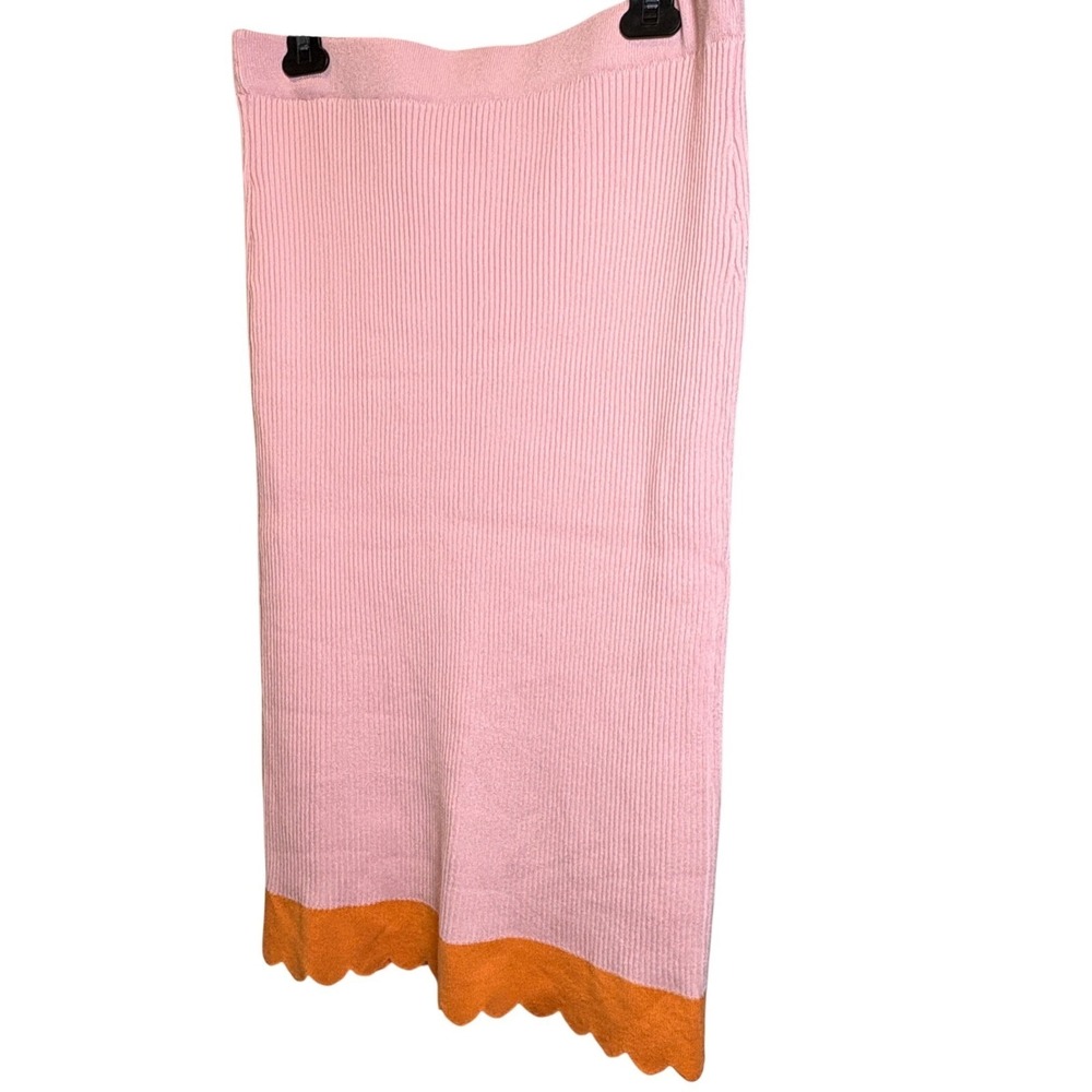 Midi Skirt XL Pink Orange Ribbed Knit Scallop Hem Colorblock artsy party viscose